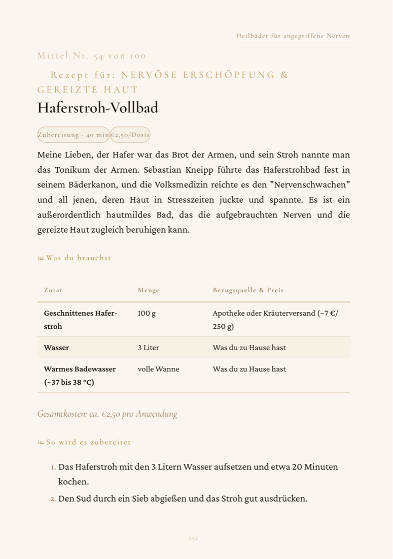 Seite 151: Haferstroh-Vollbad — Rezept für Nervöse Erschöpfung & gereizte Haut, 40 min, 2,50 € pro Anwendung, mit Zutatentabelle
